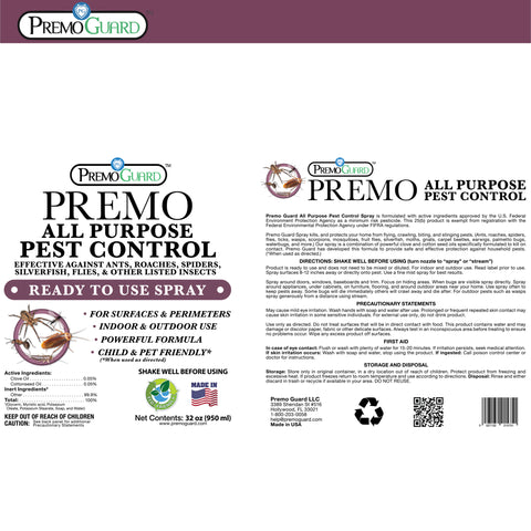 All Purpose Pest Control Spray - 32 oz -Plant Based All Natural Non-Toxic - By Premo Guard - Premo Natural Products 